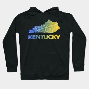 Colorful mandala art map of Kentucky with text in blue and yellow Hoodie